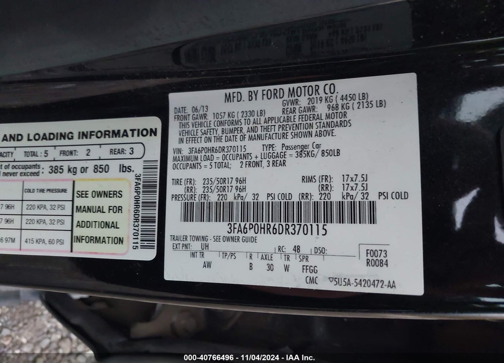 2013 FORD FUSION SE VIN: 3FA6P0HR6DR370115