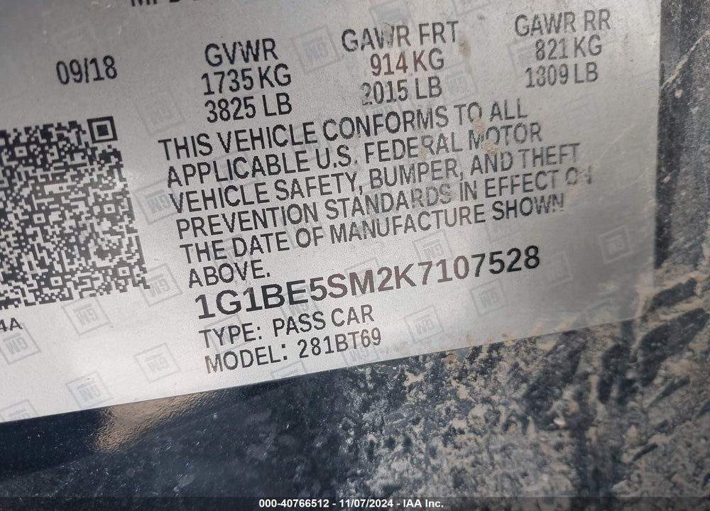 2019 CHEVROLET CRUZE LT VIN: 1G1BE5SM2K7107528