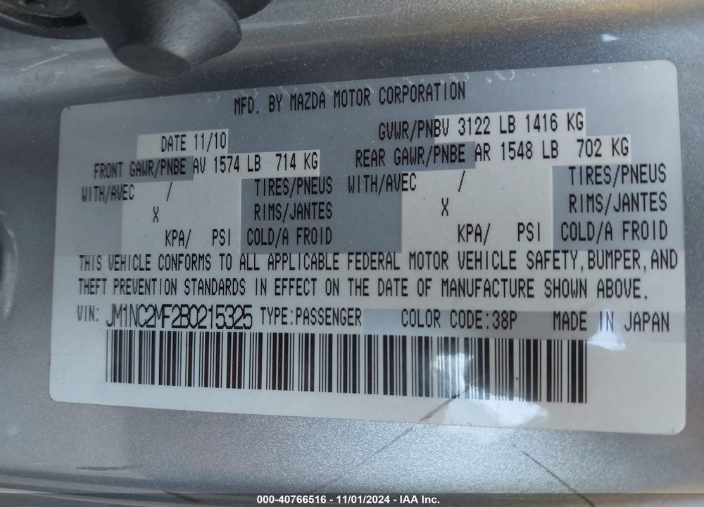 2011 MAZDA MX-5 MIATA TOURING VIN: JM1NC2MF2B0215325