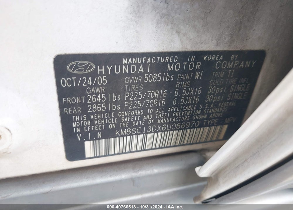 2006 HYUNDAI SANTA FE GLS VIN: KM8SC13DX6U086970
