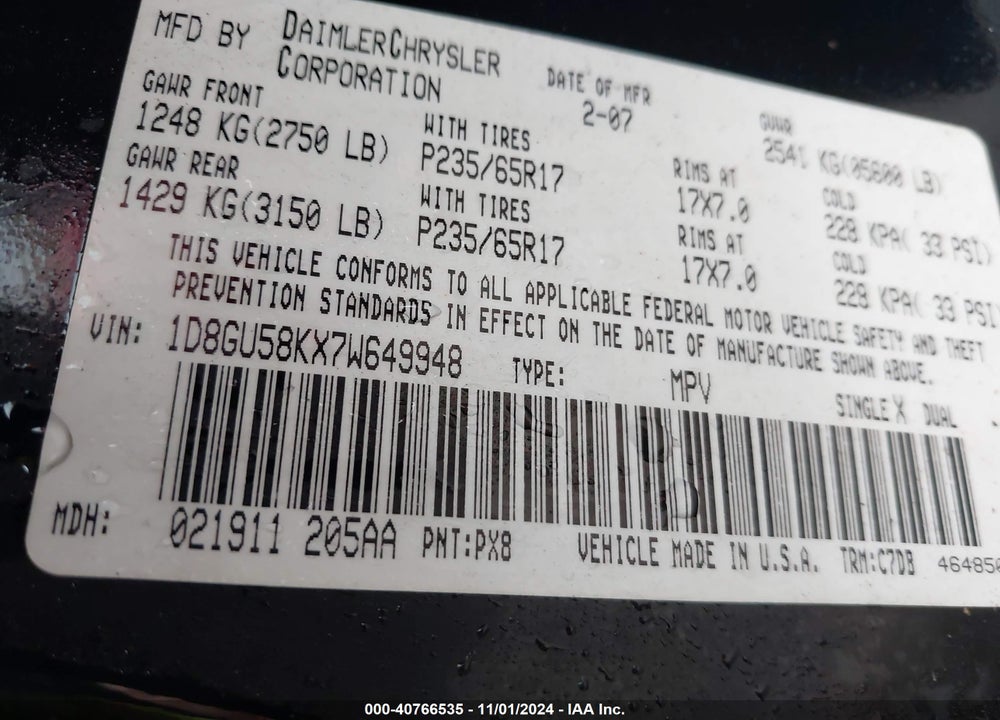 2007 DODGE NITRO SLT/RT VIN: 1D8GU58KX7W649948