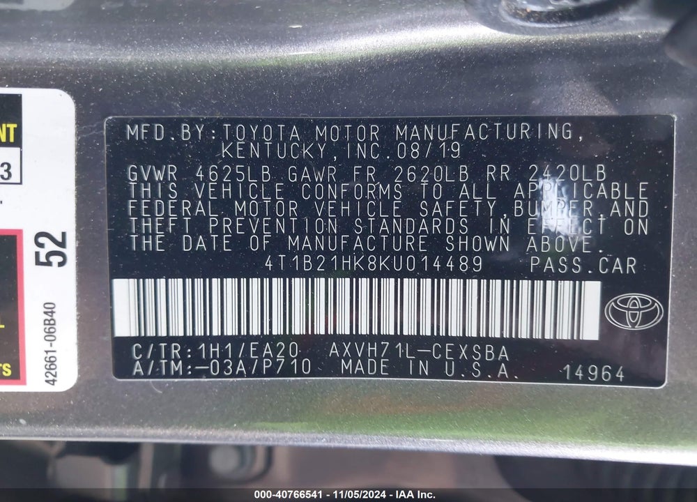 2019 TOYOTA CAMRY HYBRID VIN: 4T1B21HK8KU014489