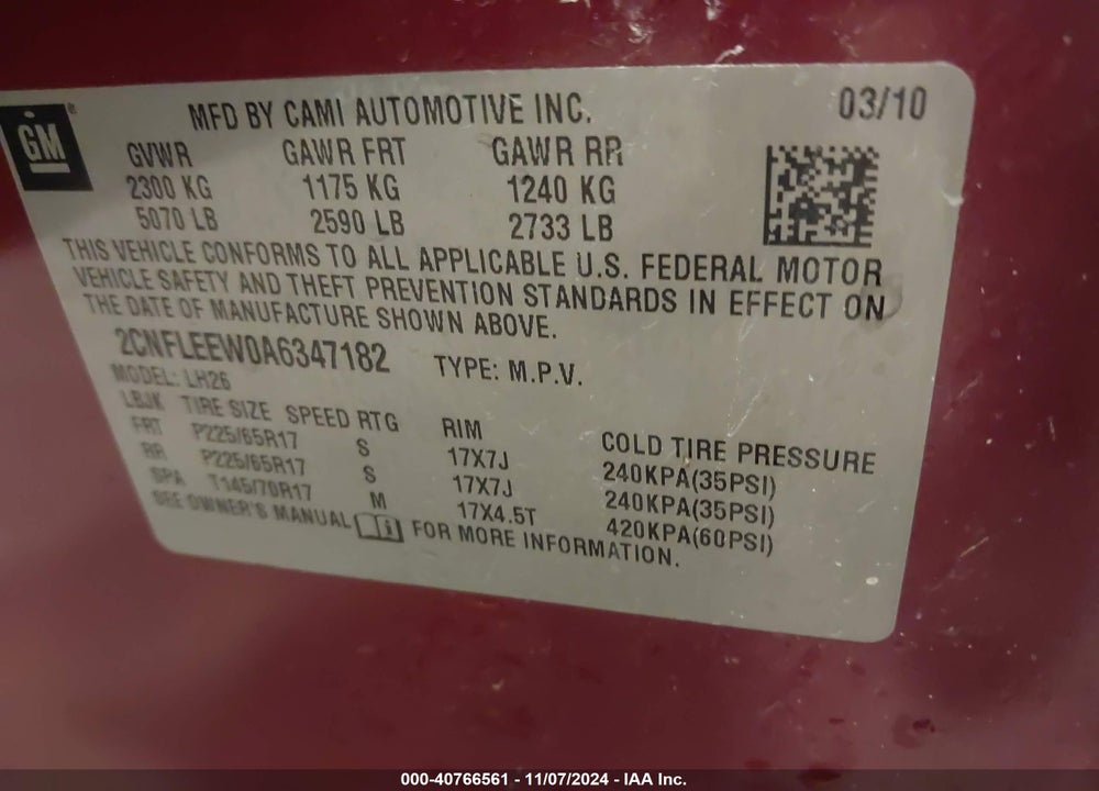 2010 CHEVROLET EQUINOX LT VIN: 2CNFLEEW0A6347182