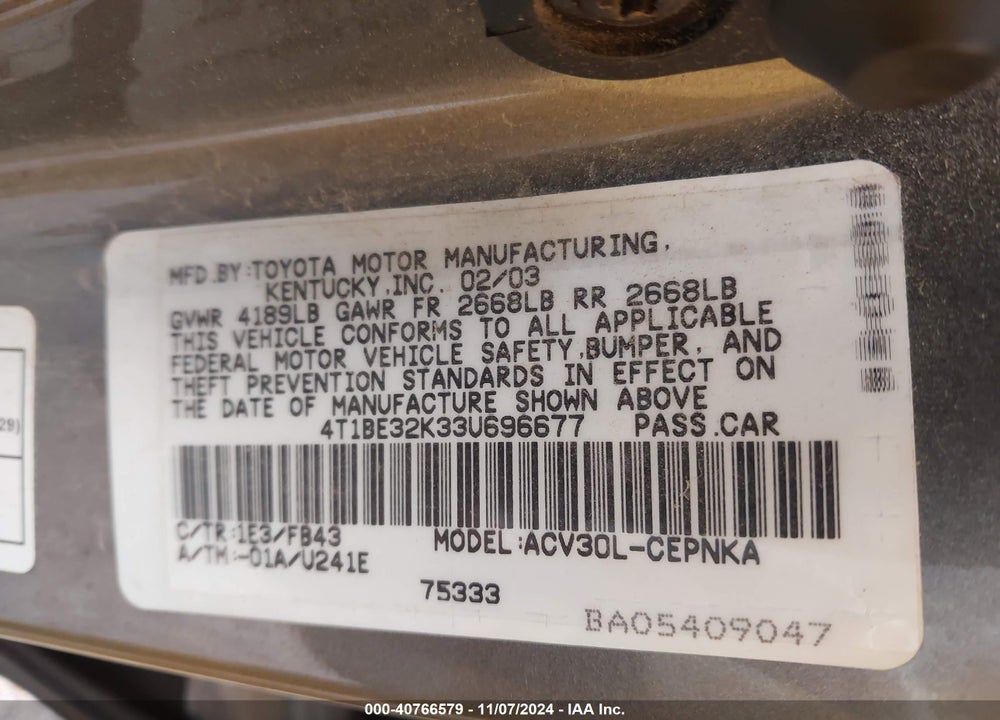 2003 TOYOTA CAMRY LE VIN: 4T1BE32K33U696677