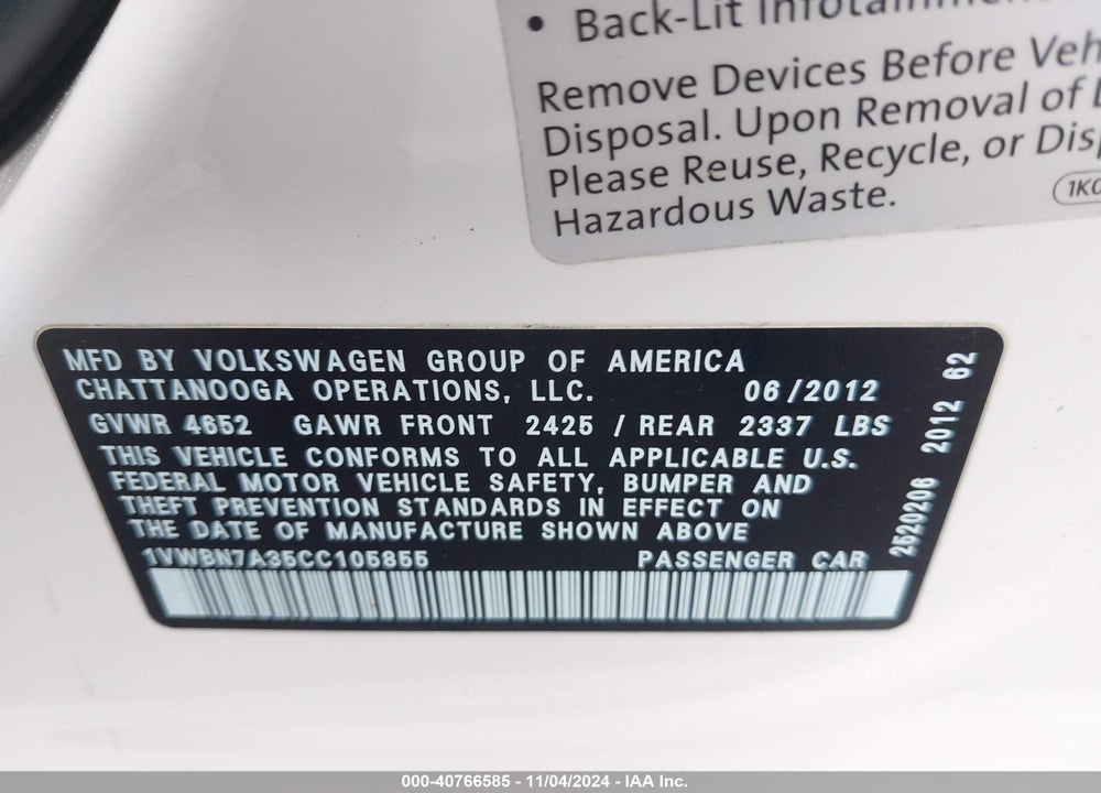 2012 VOLKSWAGEN PASSAT 2.0L TDI SE VIN: 1VWBN7A35CC105855