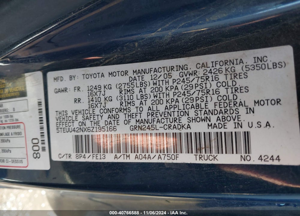 2006 TOYOTA TACOMA BASE V6 VIN: 5TEUU42NX6Z195166