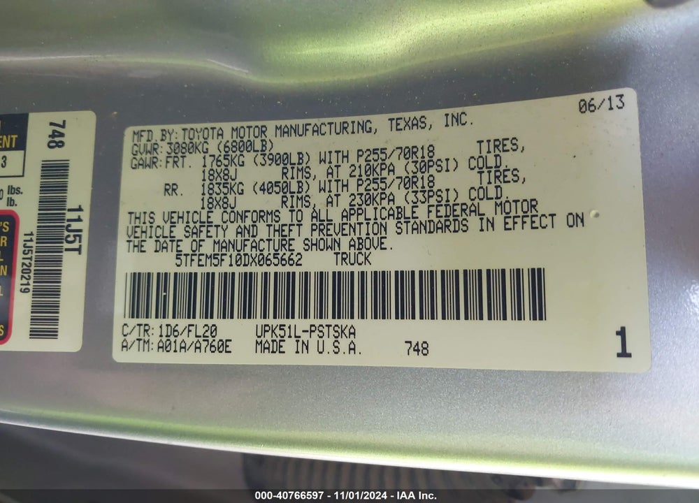 2013 TOYOTA TUNDRA GRADE 4.6L V8 VIN: 5TFEM5F10DX065662