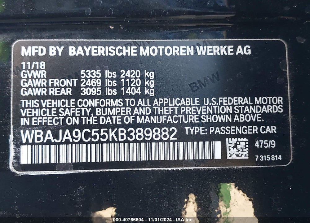 2019 BMW 530E IPERFORMANCE VIN: WBAJA9C55KB389882