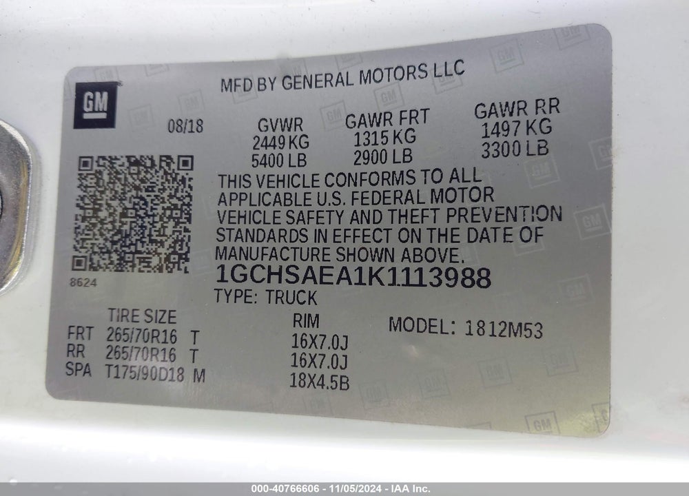 2019 CHEVROLET COLORADO VIN: 1GCHSAEA1K1113988