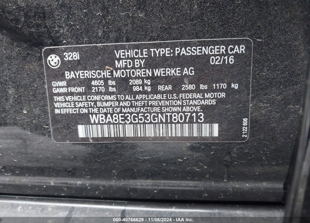 2016 BMW 328I XDRIVE VIN: WBA8E3G53GNT80713
