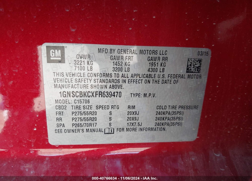 2015 CHEVROLET TAHOE LT VIN: 1GNSCBKCXFR639470