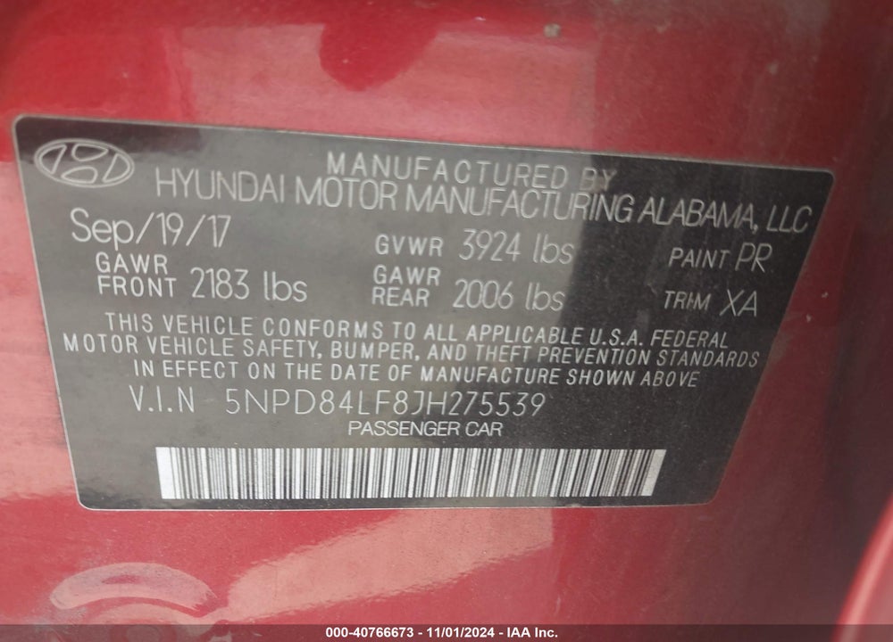 2018 HYUNDAI ELANTRA SEL VIN: 5NPD84LF8JH275539