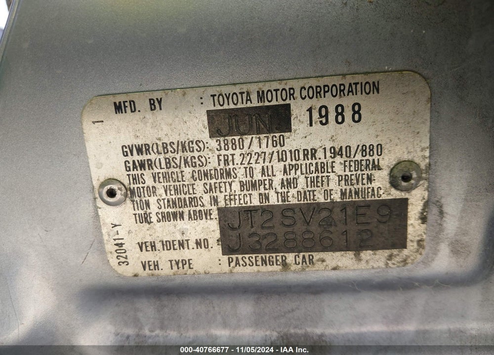 1988 TOYOTA CAMRY DLX VIN: JT2SV21E9J3288612