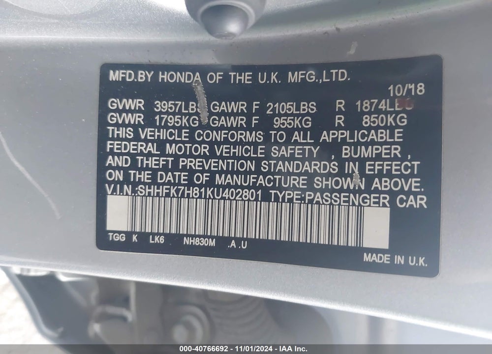 2019 HONDA CIVIC EX-L VIN: SHHFK7H81KU402801