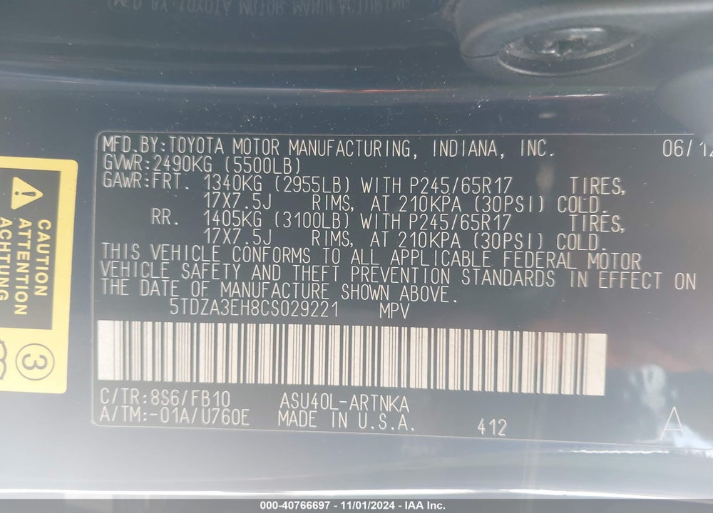 2012 TOYOTA HIGHLANDER VIN: 5TDZA3EH8CS029221
