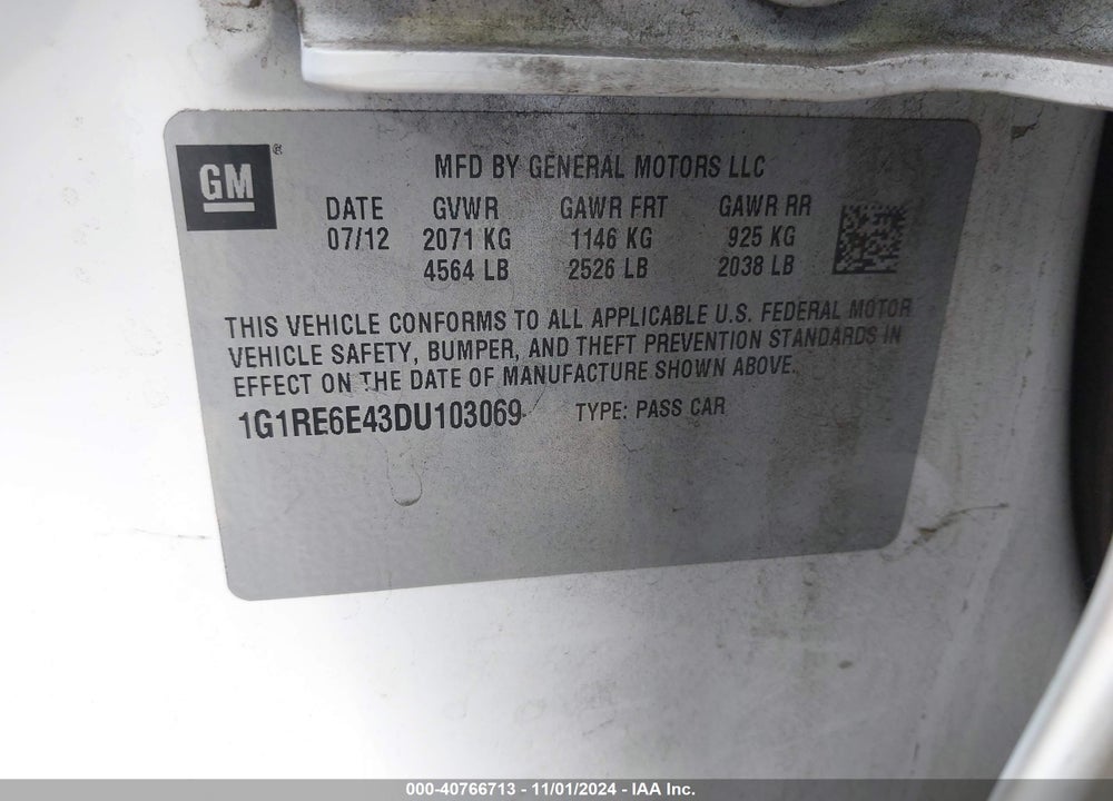 2013 CHEVROLET VOLT VIN: 1G1RE6E43DU103069