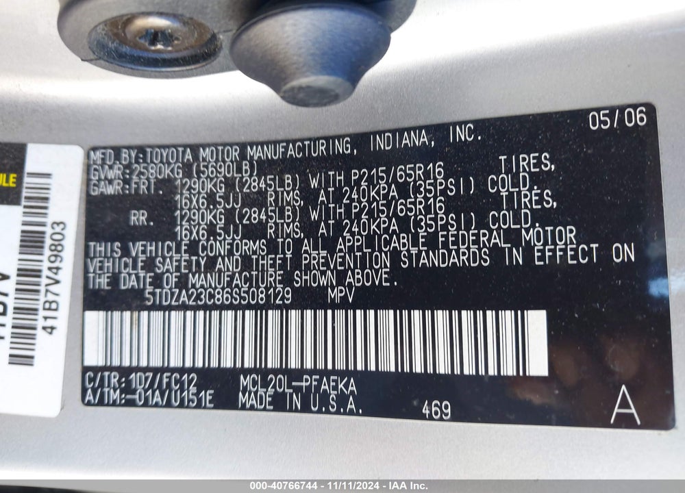 2006 TOYOTA SIENNA LE VIN: 5TDZA23C86S508129
