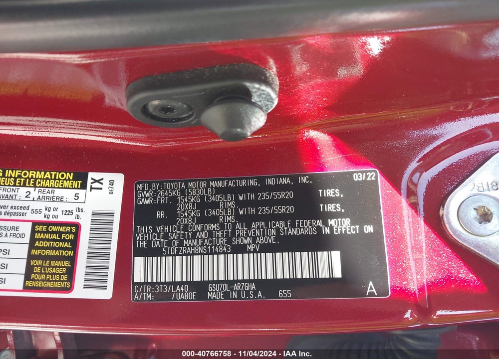 2022 TOYOTA HIGHLANDER PLATINUM VIN: 5TDFZRAH8NS114843