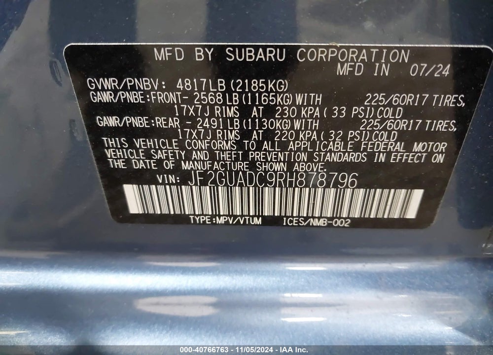 2024 SUBARU CROSSTREK PREMIUM VIN: JF2GUADC9RH878796