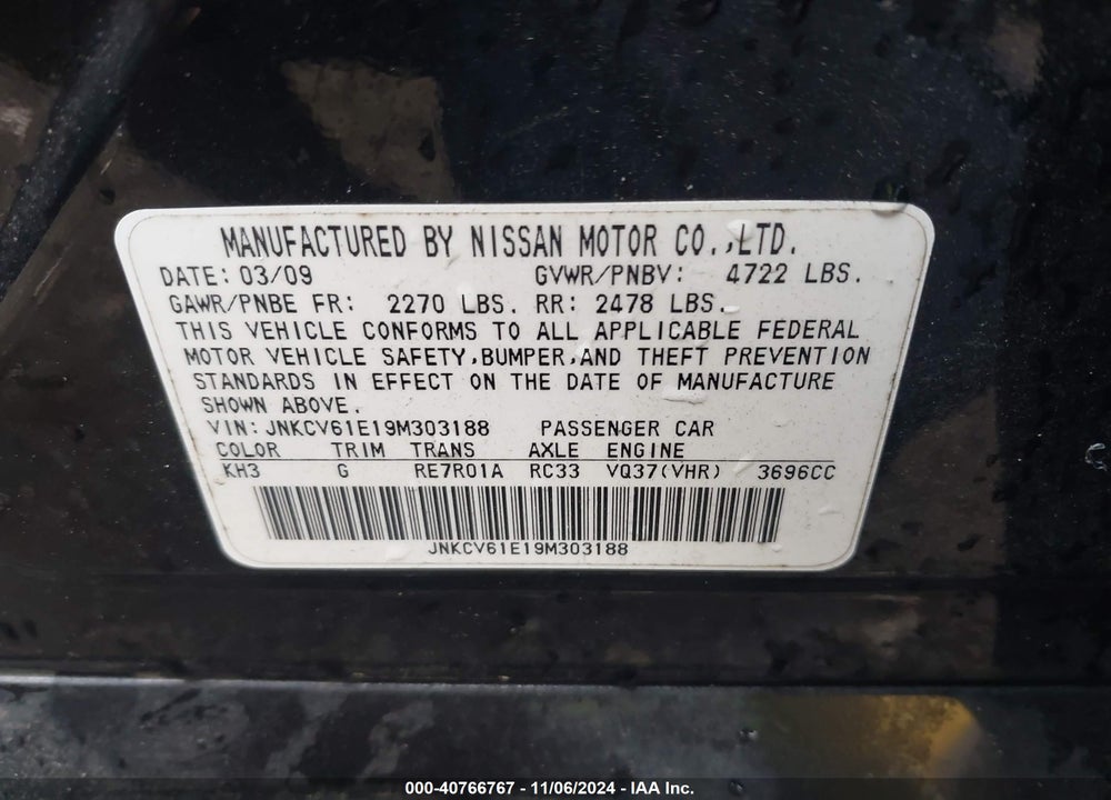 2009 INFINITI G37 JOURNEY VIN: JNKCV61E19M303188