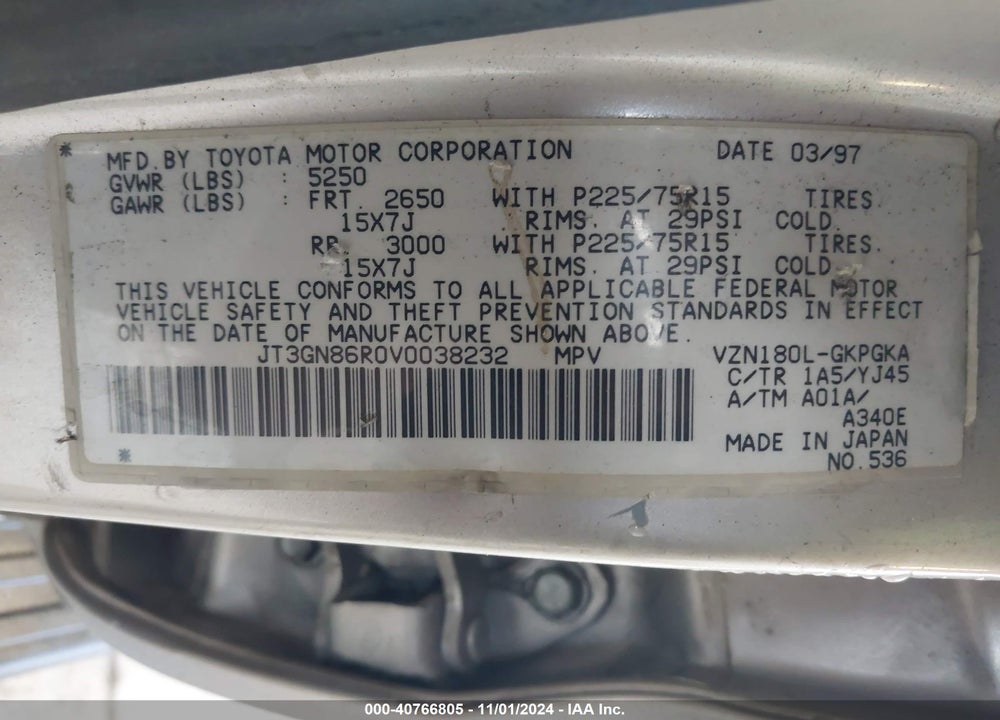 1997 TOYOTA 4RUNNER SR5 V6 VIN: JT3GN86R0V0038232