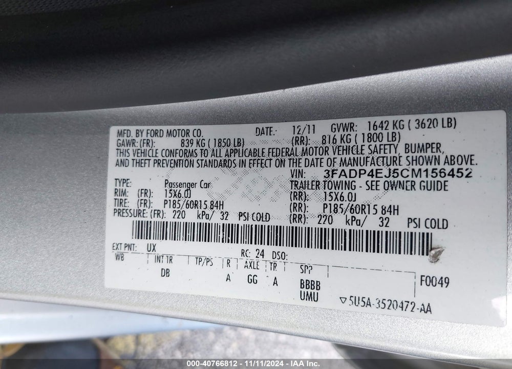 2012 FORD FIESTA SE VIN: 3FADP4EJ5CM156452