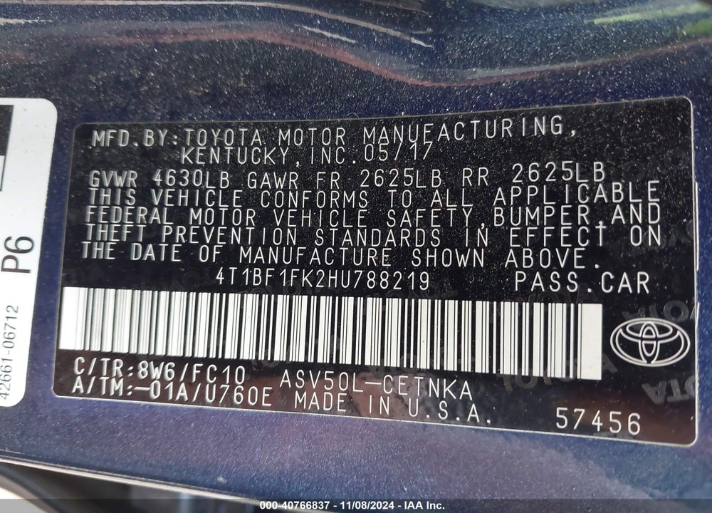 2017 TOYOTA CAMRY LE VIN: 4T1BF1FK2HU788219