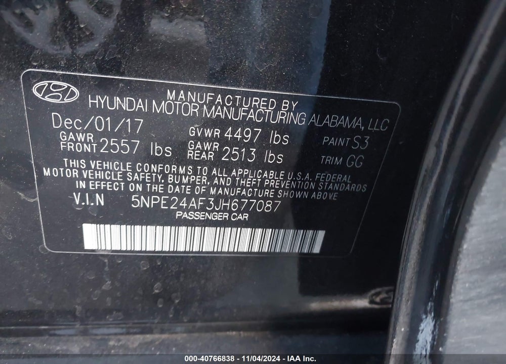 2018 HYUNDAI SONATA SE VIN: 5NPE24AF3JH677087