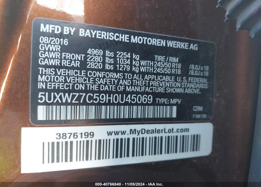 2017 BMW X3 SDRIVE28I VIN: 5UXWZ7C59H0U45069