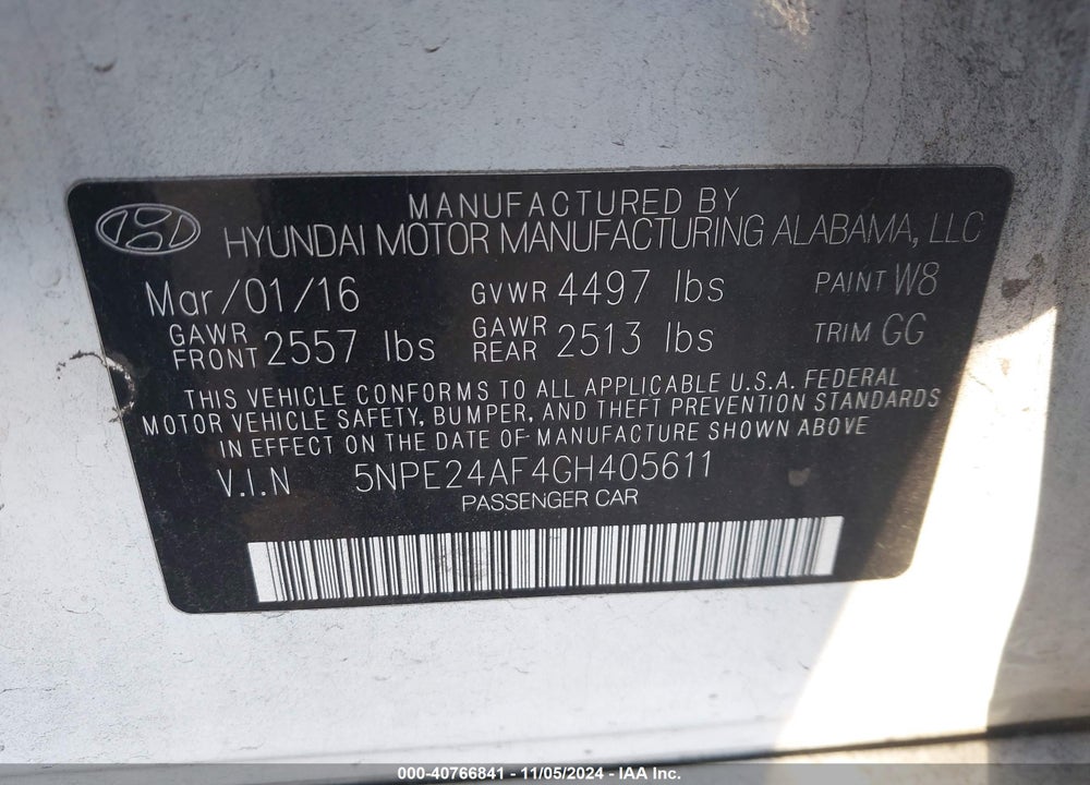 2016 HYUNDAI SONATA VIN: 5NPE24AF4GH405611
