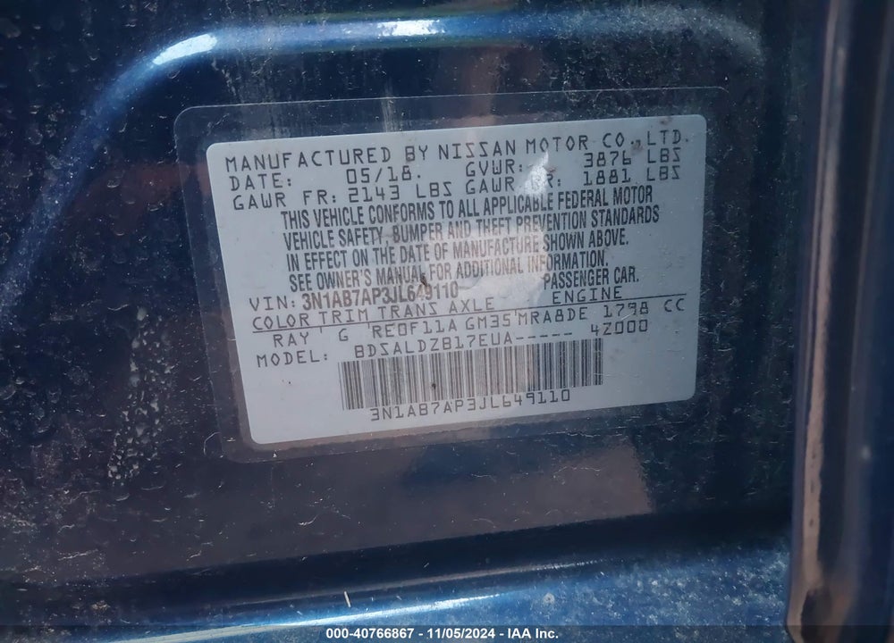 2018 NISSAN SENTRA SV VIN: 3N1AB7AP3JL649110