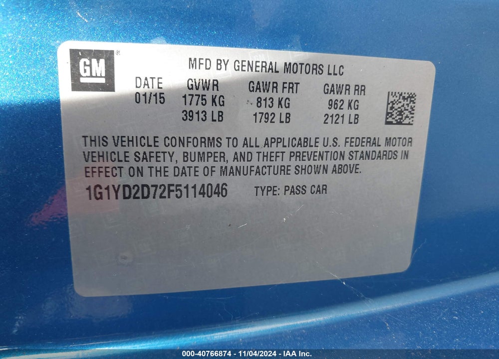 2015 CHEVROLET CORVETTE VIN: 1G1YD2D72F5114046