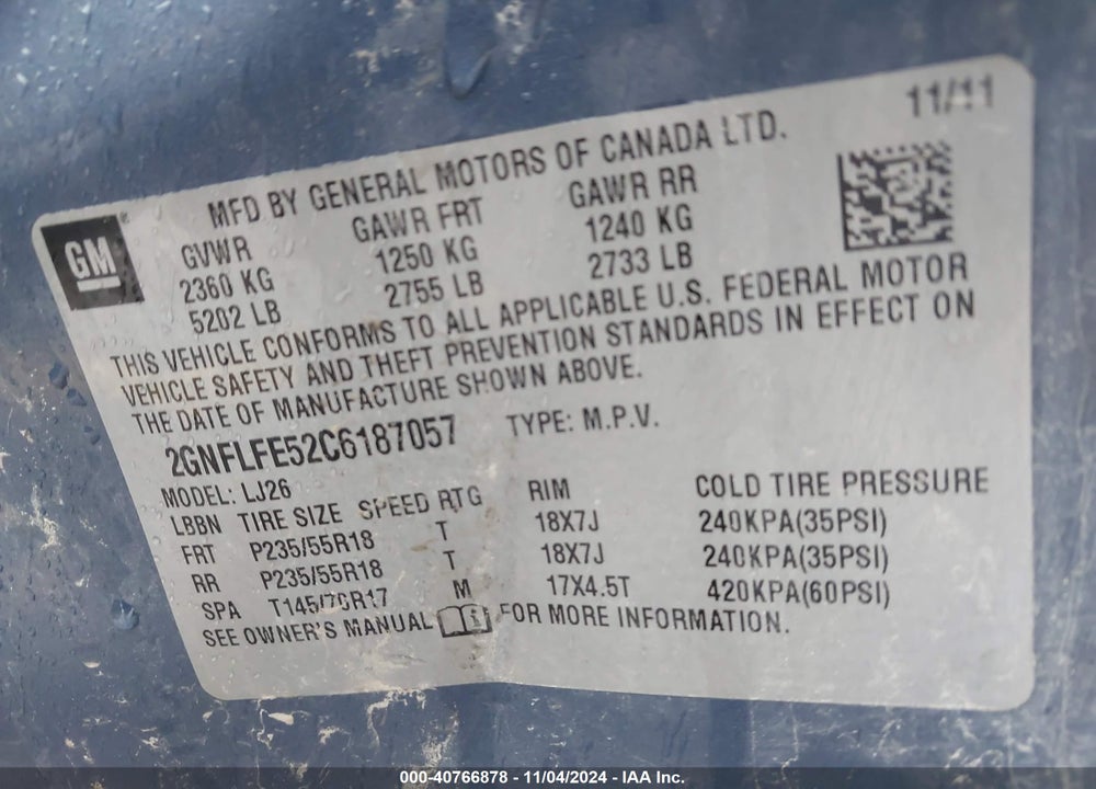 2012 CHEVROLET EQUINOX LTZ VIN: 2GNFLFE52C6187057
