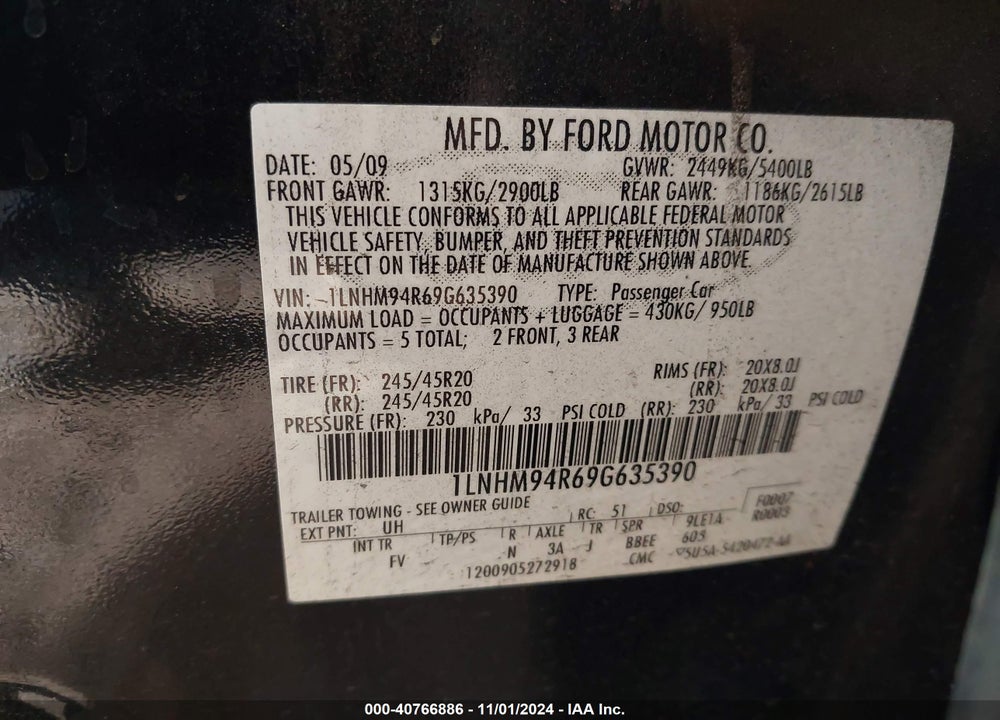 2009 LINCOLN MKS VIN: 1LNHM94R69G635390