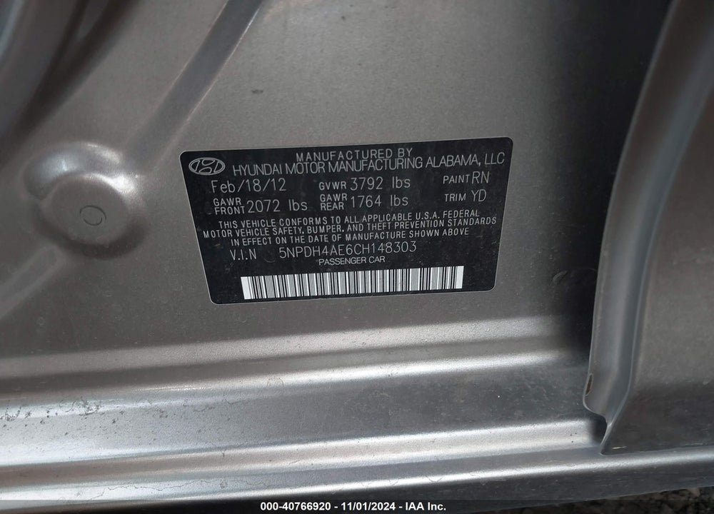 2012 HYUNDAI ELANTRA GLS VIN: 5NPDH4AE6CH148303
