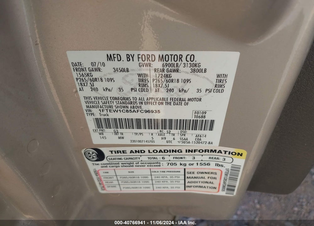 2010 FORD F-150 FX2 SPORT/XL/XLT VIN: 1FTEW1C85AFC96935