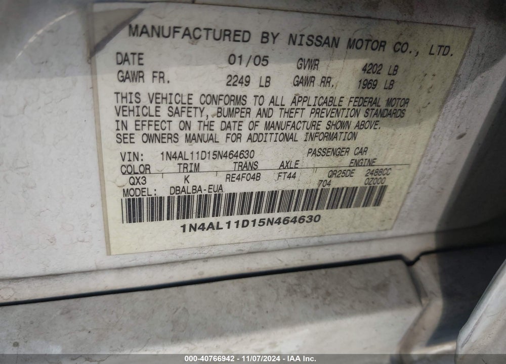2005 NISSAN ALTIMA 2.5 S VIN: 1N4AL11D15N464630