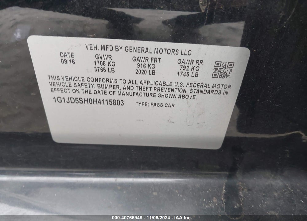 2017 CHEVROLET SONIC LT AUTO VIN: 1G1JD5SH0H4115803