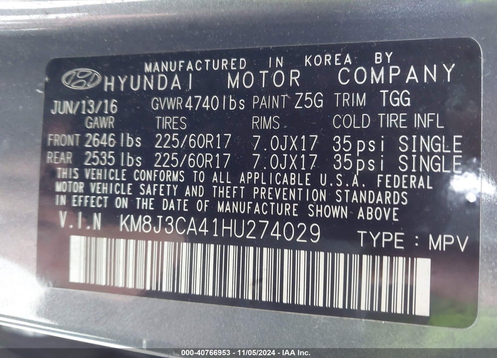 2017 HYUNDAI TUCSON SE VIN: KM8J3CA41HU274029