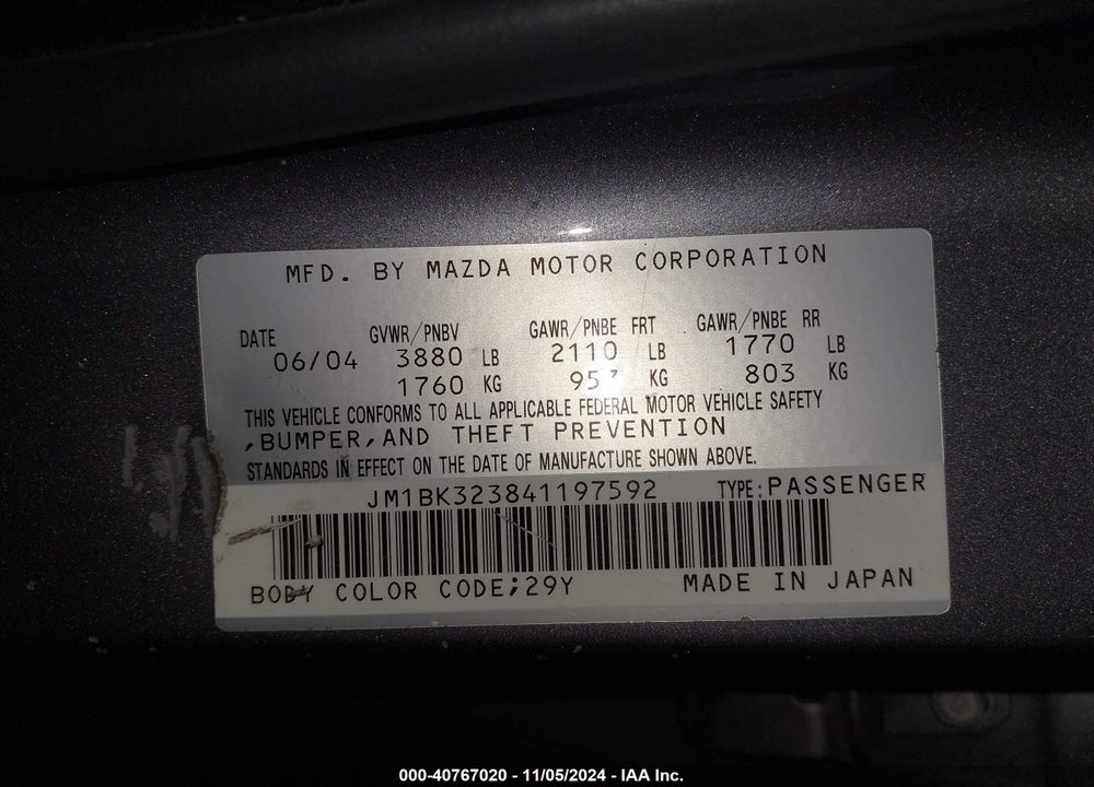 2004 MAZDA 3 S VIN: JM1BK323841197592
