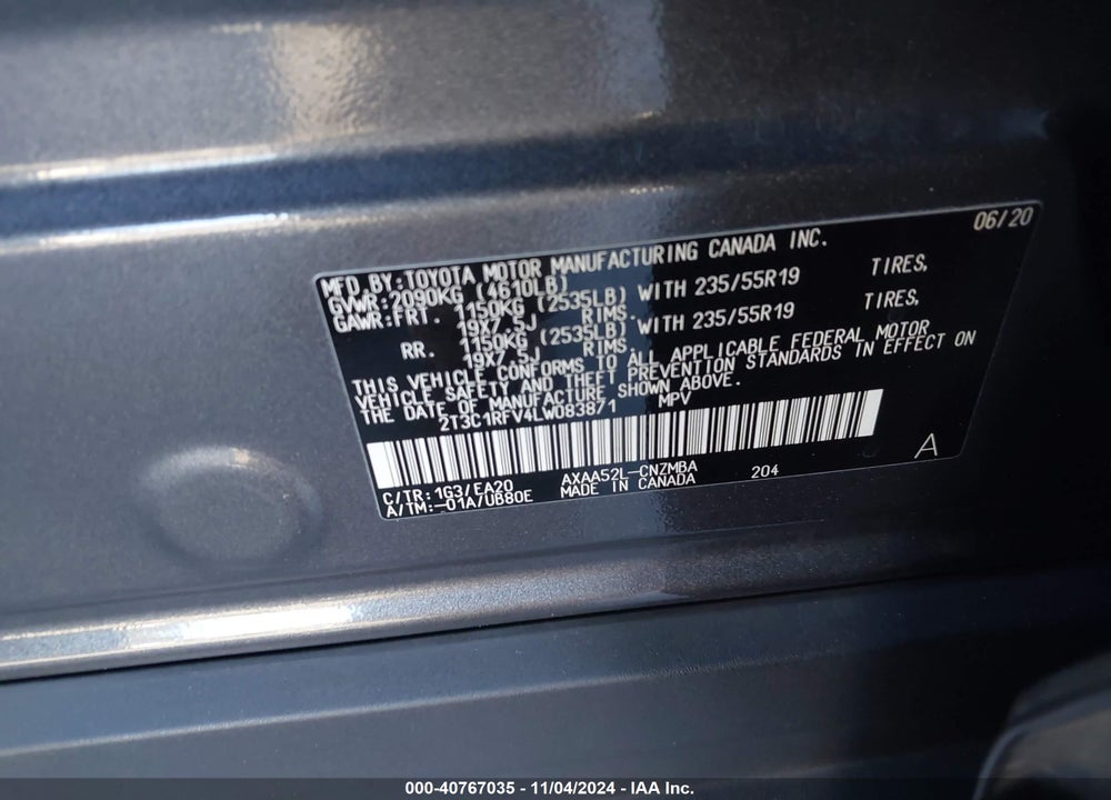 2020 TOYOTA RAV4 XLE PREMIUM VIN: 2T3C1RFV4LW083871