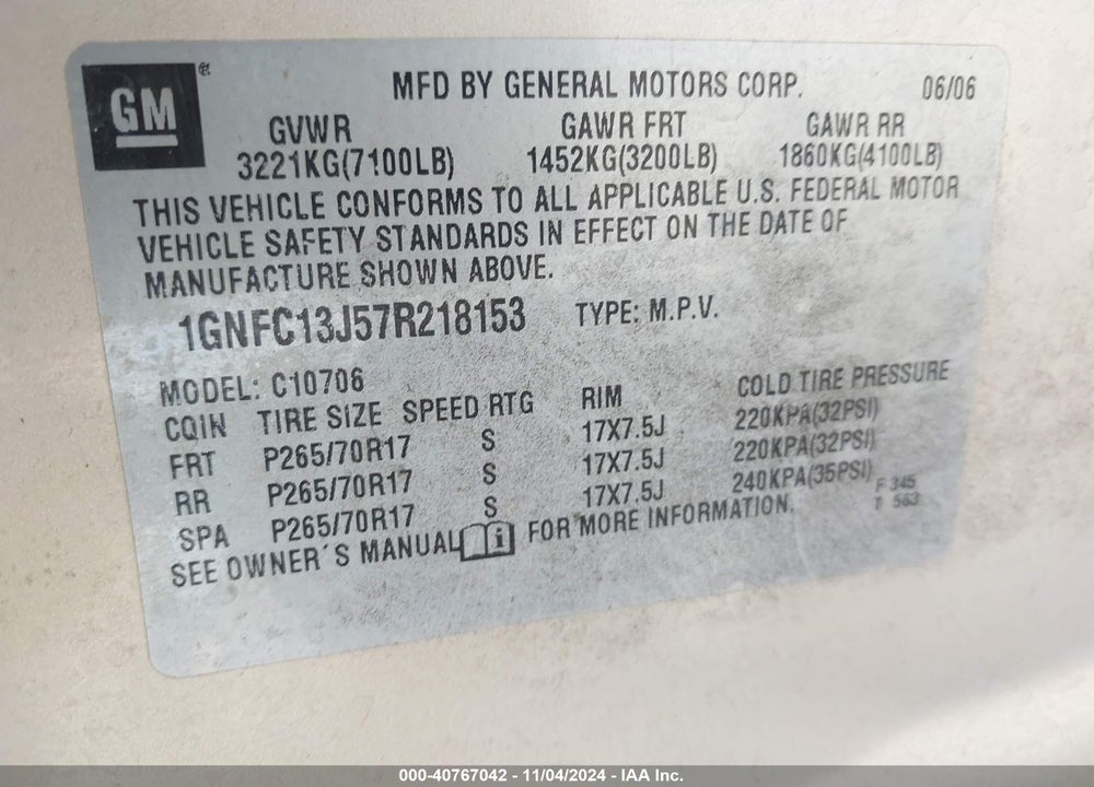 2007 CHEVROLET TAHOE LT VIN: 1GNFC13J57R218153