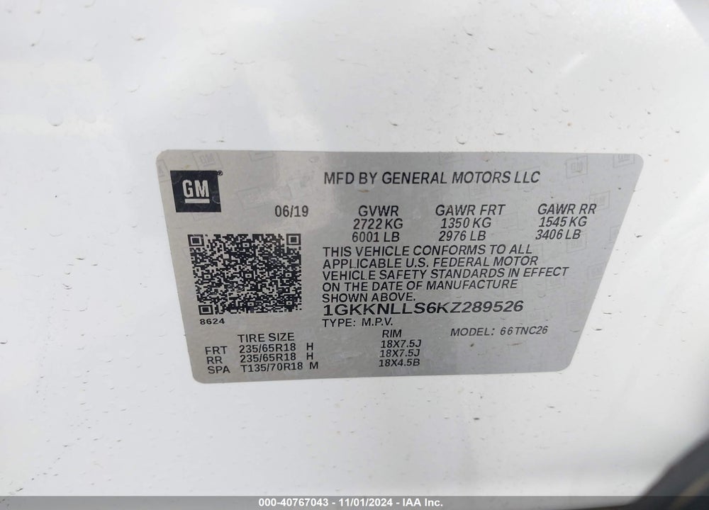 2019 GMC ACADIA SLE-2 VIN: 1GKKNLLS6KZ289526