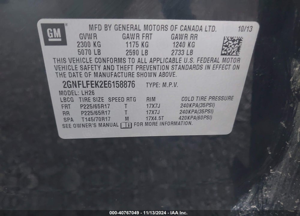 2014 CHEVROLET EQUINOX 1LT VIN: 2GNFLFEK2E6158876