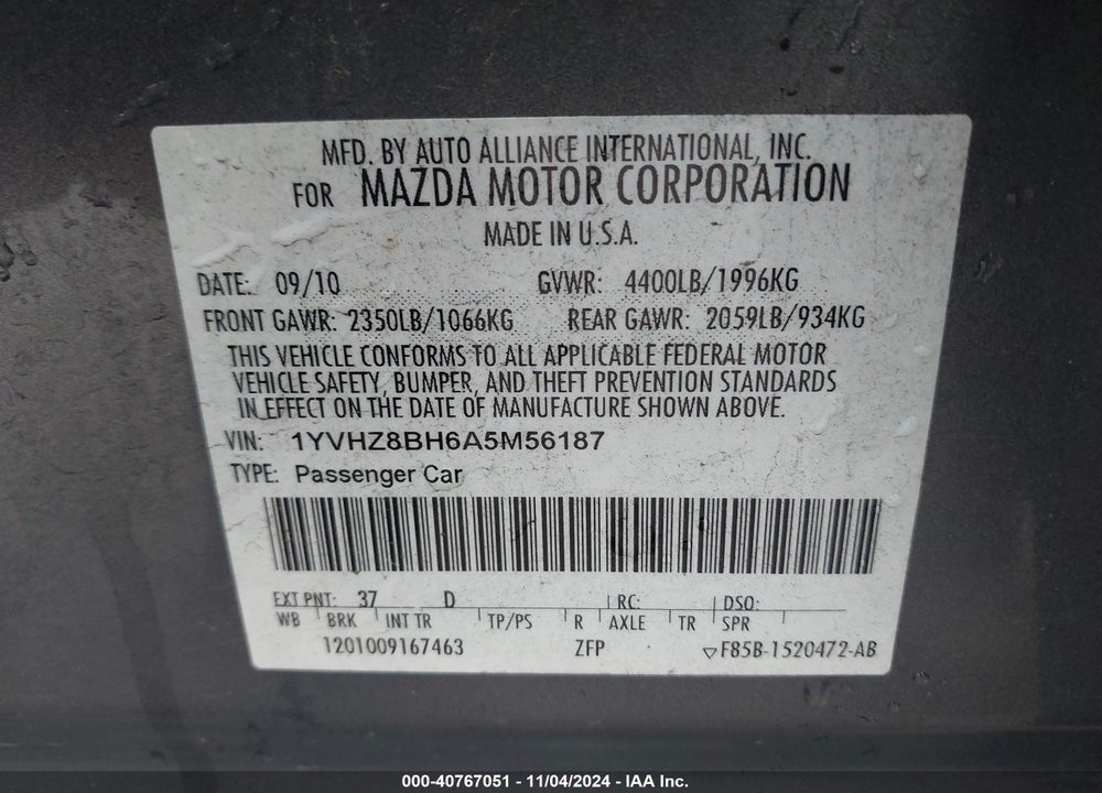 2010 MAZDA 6 I SPORT VIN: 1YVHZ8BH6A5M56187