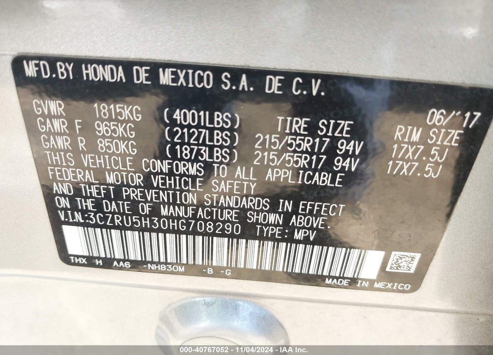 2017 HONDA HR-V LX VIN: 3CZRU5H30HG708290