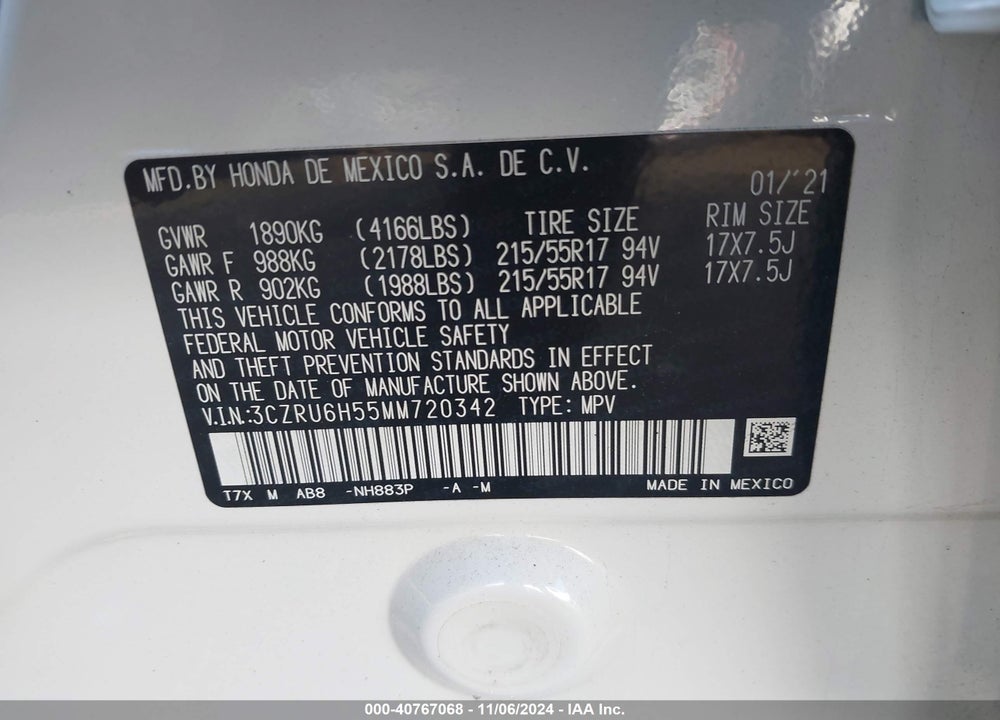 2021 HONDA HR-V AWD EX VIN: 3CZRU6H55MM720342