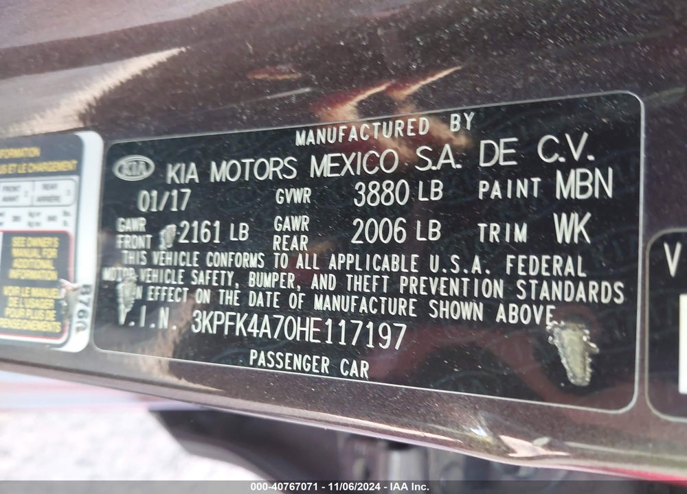 2017 KIA FORTE VIN: 3KPFK4A70HE117197