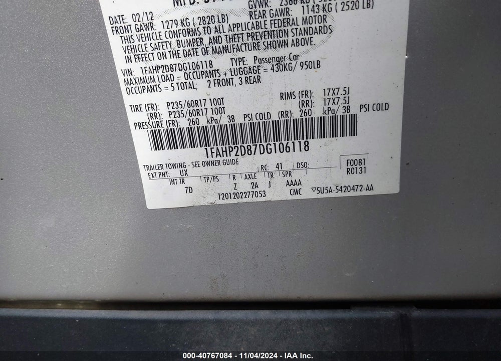 2013 FORD TAURUS SE VIN: 1FAHP2D87DG106118