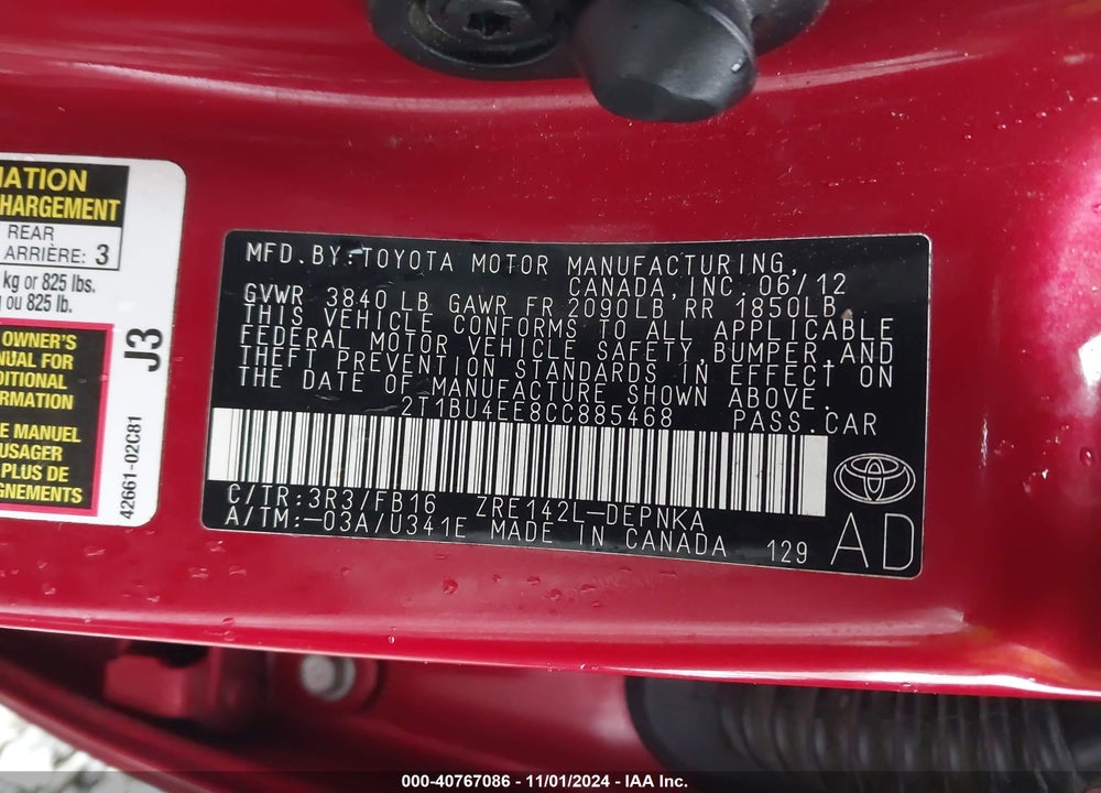 2012 TOYOTA COROLLA LE VIN: 2T1BU4EE8CC885468
